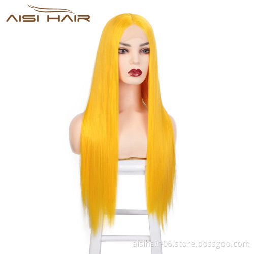 Aisi Hair 26 Inch Long Silky Straight Yellow Wig Cosplay Swiss Lace Wig Middle Part Synthetic Lace Front Wigs For Black Women